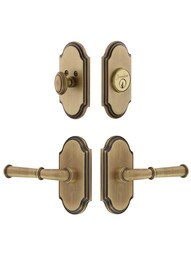 Grandeur Arc Entry Door Set, Keyed Alike with Georgetown Levers Left Handed in Antique Brass.